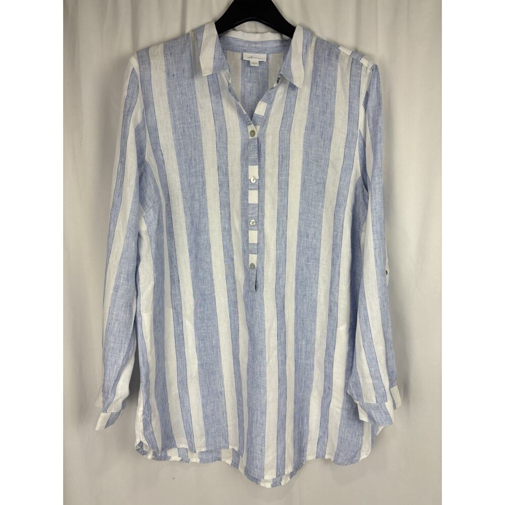 J. Jill Blue and White Striped Linen Blend Tunic Blouse - Reposh
